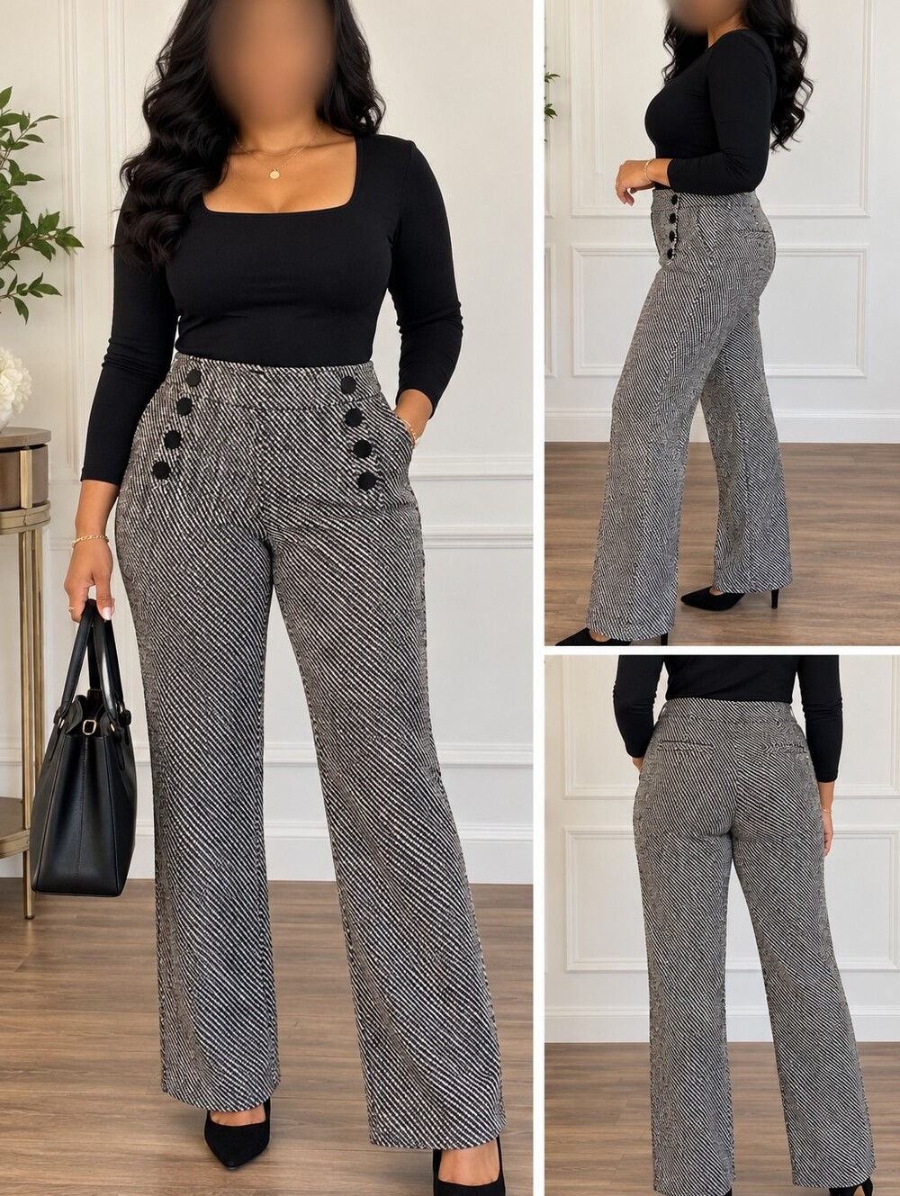 LOFT Petites Marisa Trouser Pants 8P Black White Button Front NWT